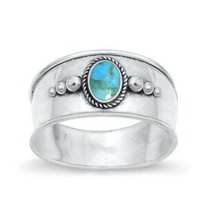 Sterling Silver 925 Oval Bezel Set Turquoise Cabochon Cigar Band Ring Sz 6.75